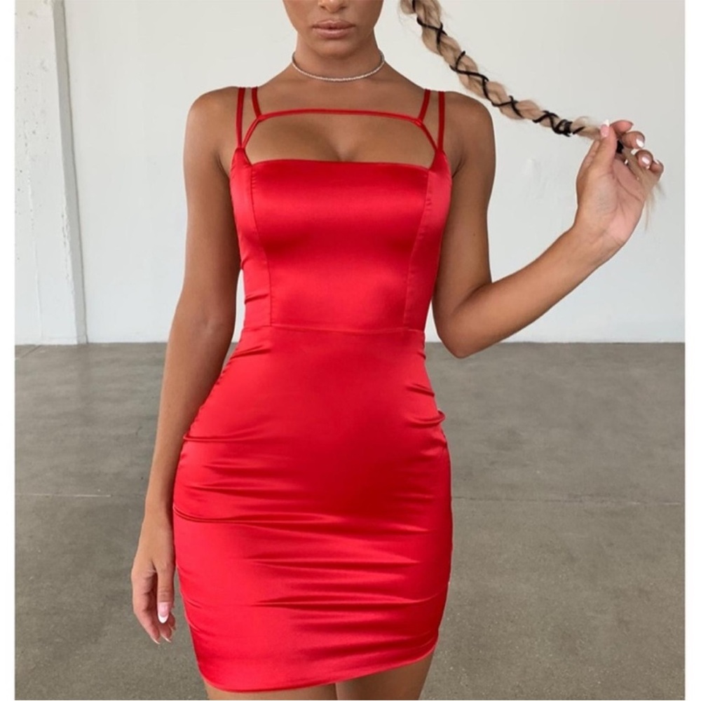 Oh Polly🌹 Sexy Red Satin Bodycon Mini Dress